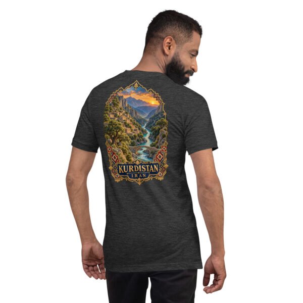 unisex-staple-t-shirt-dark-grey-heather-back-6acbcf7f1e0eb.jpg Dark Grey Heather Kurdistan unisex t-shirt, back view with Hawraman stepped village and the Sirwan River design