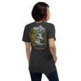 Dark Grey Heather Kohgiluyeh and Boyer-Ahmad unisex t-shirt, back view with Yasuj waterfall and Zagros oak forests design
