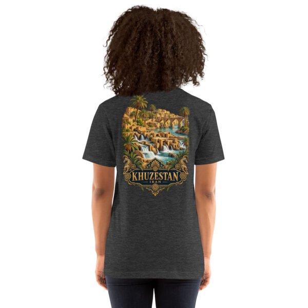 Dark Grey Heather Khuzestan unisex t-shirt, back view with Shushtar Historical Hydraulic System and its waterfalls design