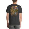 Dark Grey Heather North Khorasan unisex t-shirt, back view with Aladagh mountains and the forests of Golestan National Park design