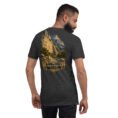 Dark Grey Heather Kermanshah unisex t-shirt, back view with Behistun Inscription of Darius the Great design