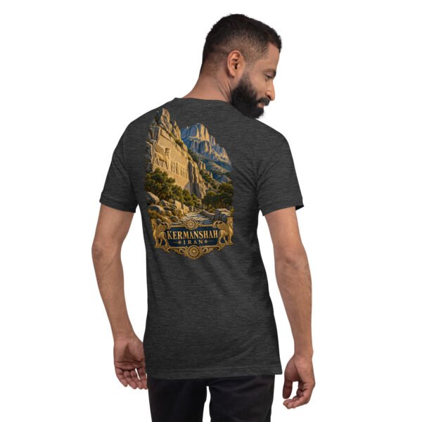 Dark Grey Heather Kermanshah unisex t-shirt, back view with Behistun Inscription of Darius the Great design