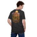 Dark Grey Heather Kerman unisex t-shirt, back view with Kaluts of Shahdad and the Shazdeh Garden of Mahan design