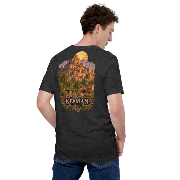 unisex-staple-t-shirt-dark-grey-heather-back-6acbd5352c3b2.jpg Dark Grey Heather Kerman unisex t-shirt, back view with Kaluts of Shahdad and the Shazdeh Garden of Mahan design