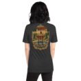 Dark Grey Heather Isfahan unisex t-shirt, back view with Naqsh-e Jahan Square and Ali Qapu Palace design