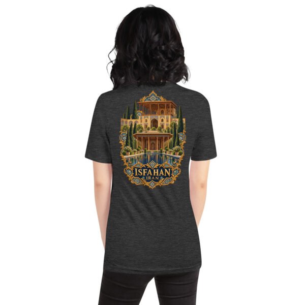 Dark Grey Heather Isfahan unisex t-shirt, back view with Naqsh-e Jahan Square and Ali Qapu Palace design