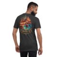 Dark Grey Heather Hormozgan unisex t-shirt, back view with Laft windcatchers, colorful Hormuz soil and the Persian Gulf design