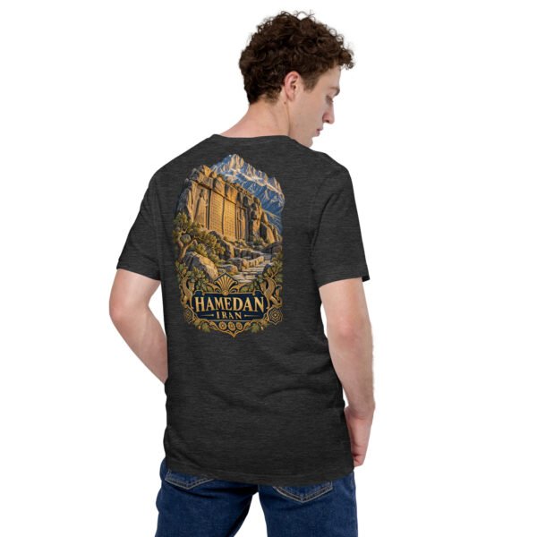 unisex-staple-t-shirt-dark-grey-heather-back-6acbd9f3e04ae.jpg Dark Grey Heather Hamedan unisex t-shirt, back view with Ganjnameh inscriptions and Mount Alvand design
