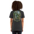 Dark Grey Heather Gilan unisex t-shirt, back view with Rudkhan Castle, misty forest and waterfalls design
