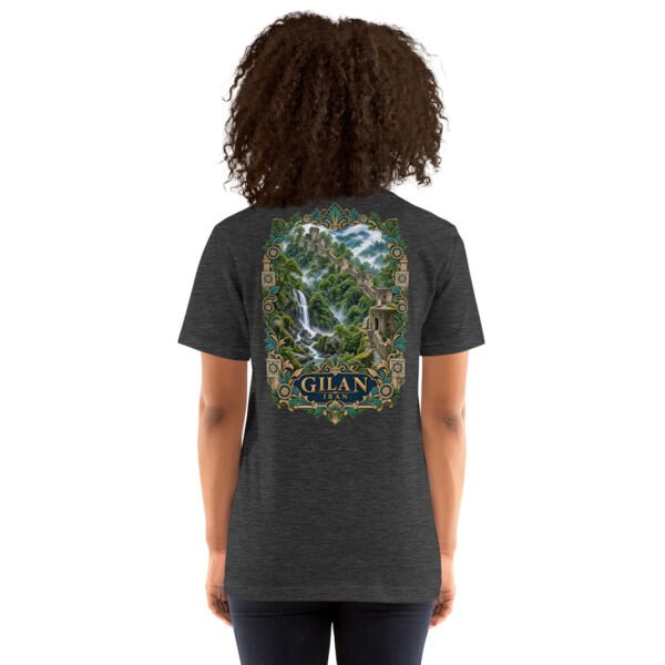 Dark Grey Heather Gilan unisex t-shirt, back view with Rudkhan Castle, misty forest and waterfalls design