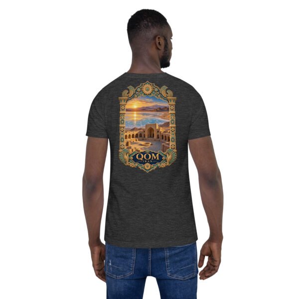 Dark Grey Heather Qom unisex t-shirt, back view with Deir-e Gachin caravanserai, desert and salt lake design