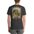 Dark Grey Heather Qazvin unisex t-shirt, back view with Alamut Castle, Alborz cliffs and ancient rock motifs design