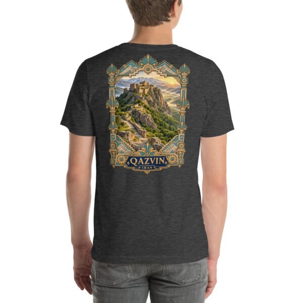 Dark Grey Heather Qazvin unisex t-shirt, back view with Alamut Castle, Alborz cliffs and ancient rock motifs design