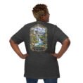 Dark Grey Heather Chaharmahal and Bakhtiari unisex t-shirt, back view with Koohrang waterfall, Zagros cliffs and Bakhtiari kilim patterns design