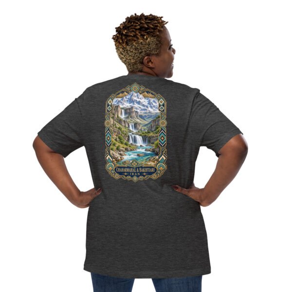 Dark Grey Heather Chaharmahal and Bakhtiari unisex t-shirt, back view with Koohrang waterfall, Zagros cliffs and Bakhtiari kilim patterns design