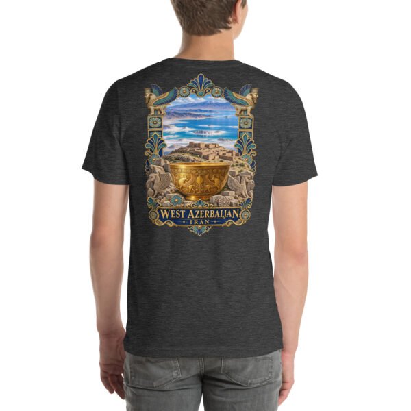 Dark Grey Heather West Azerbaijan unisex t-shirt, back view with Hasanlu, Lake Urmia and Iron Age motifs design