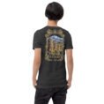 Dark Grey Heather Ardabil unisex t-shirt, back view with Shahr-e Yeri stone figure in front of Mount Sabalan design
