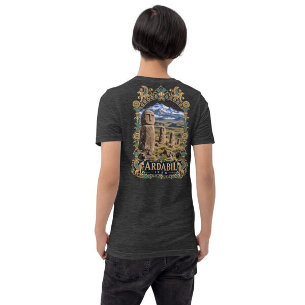 Dark Grey Heather Ardabil unisex t-shirt, back view with Shahr-e Yeri stone figure in front of Mount Sabalan design