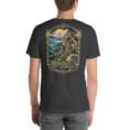 Dark Grey Heather East Azerbaijan unisex t-shirt, back view with Babak Castle on its mountain peak at sunrise design