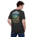 Dark Grey Heather Alborz unisex t-shirt, back view with Alborz Mountains, dam lake and winding road design