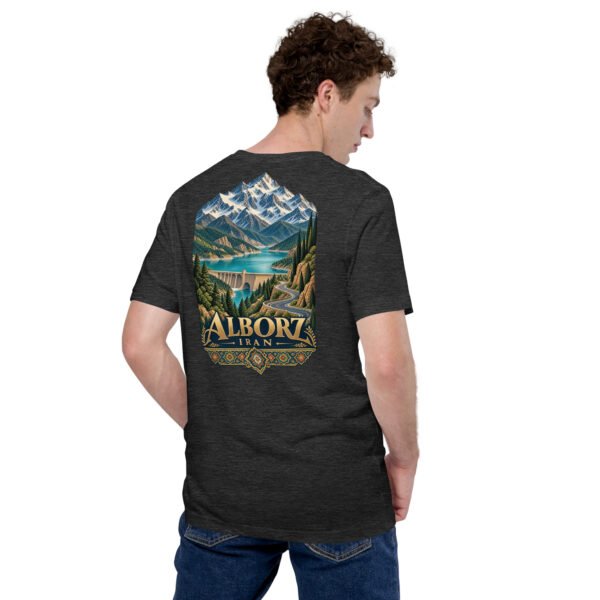 Dark Grey Heather Alborz unisex t-shirt, back view with Alborz Mountains, dam lake and winding road design