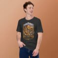 Dark Grey Heather Hamedan unisex t-shirt, front view with Ganjnameh inscriptions and Mount Alvand design