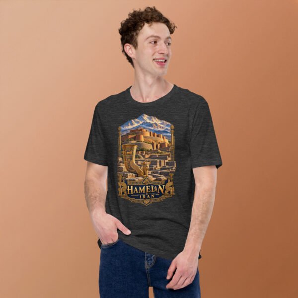 unisex-staple-t-shirt-dark-grey-heather-front-2-6acbd9f3e41ef.jpg Dark Grey Heather Hamedan unisex t-shirt, front view with Ganjnameh inscriptions and Mount Alvand design