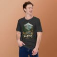 Dark Grey Heather Alborz unisex t-shirt, front view with Chalus Road winding through the Alborz Mountains design