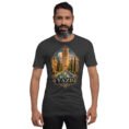 Dark Grey Heather Yazd unisex t-shirt, front view with Narin Castle of Meybod and a traditional dovecote design