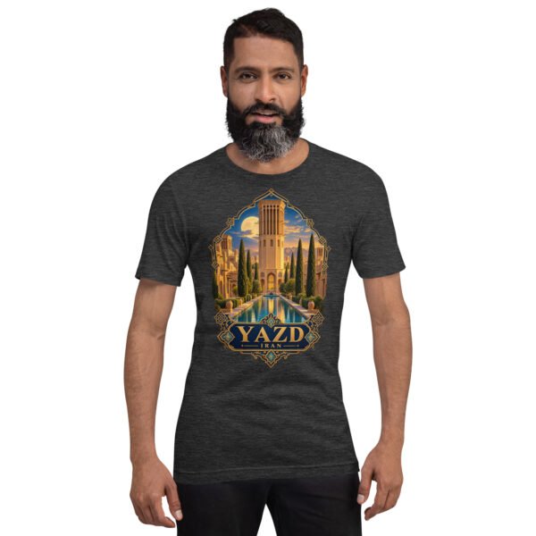 Dark Grey Heather Yazd unisex t-shirt, front view with Narin Castle of Meybod and a traditional dovecote design