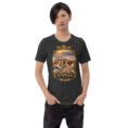 Dark Grey Heather Semnan unisex t-shirt, front view with Qasr-e Bahram caravanserai in the Dasht-e Kavir design