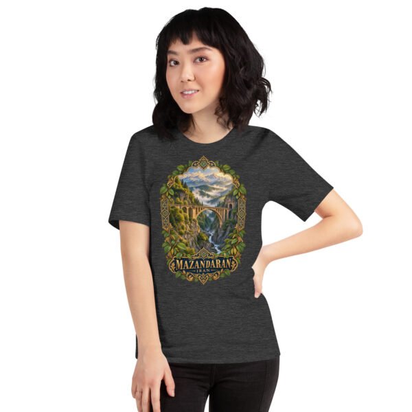 Dark Grey Heather Mazandaran unisex t-shirt, front view with terraced springs of Badab-e Surt in the Hyrcanian forest design