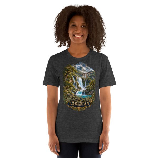 Dark Grey Heather Lorestan unisex t-shirt, front view with Falak-ol-Aflak Castle in Khorramabad design