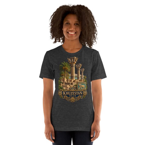 Dark Grey Heather Khuzestan unisex t-shirt, front view with ancient Susa design