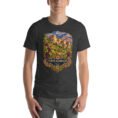 Dark Grey Heather North Khorasan unisex t-shirt, front view with historic citadel of Shirvan and vineyards design