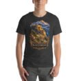 Dark Grey Heather Khorasan Razavi unisex t-shirt, front view with Tomb of Ferdowsi in ancient Tus design