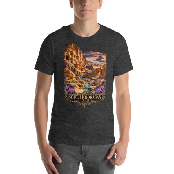Dark Grey Heather South Khorasan unisex t-shirt, front view with historic citadel of Birjand design