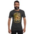 Dark Grey Heather Kermanshah unisex t-shirt, front view with Taq-e Bostan Sasanian rock reliefs design