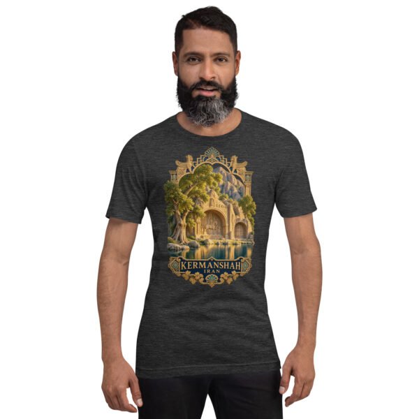 Dark Grey Heather Kermanshah unisex t-shirt, front view with Taq-e Bostan Sasanian rock reliefs design