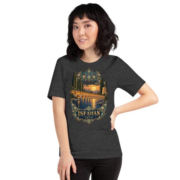 Dark Grey Heather Isfahan unisex t-shirt, front view with Naqsh-e Jahan Square and Ali Qapu Palace design