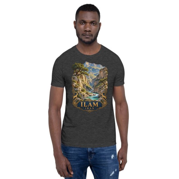 Dark Grey Heather Ilam unisex t-shirt, front view with Razianeh Gorge in the Zagros Mountains design