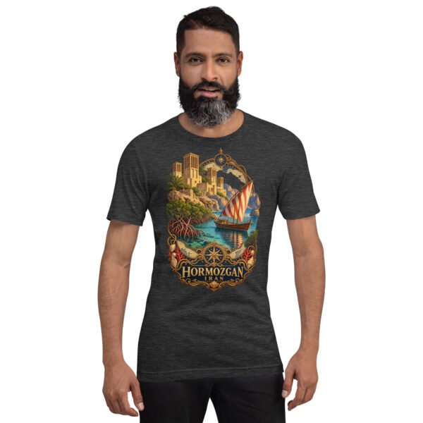 Dark Grey Heather Hormozgan unisex t-shirt, front view with Portuguese Castle of Hormuz and the Persian Gulf design