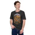 Dark Grey Heather Hamedan unisex t-shirt, front view with Ganjnameh inscriptions and Mount Alvand design