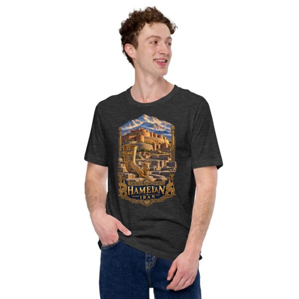 unisex-staple-t-shirt-dark-grey-heather-front-6acbd9f3e3296.jpg Dark Grey Heather Hamedan unisex t-shirt, front view with Ganjnameh inscriptions and Mount Alvand design