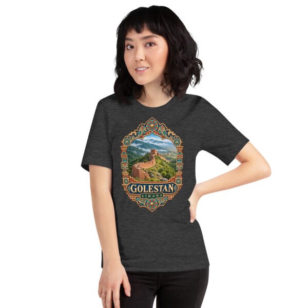 Dark Grey Heather Golestan unisex t-shirt, front view with Sasanian Great Wall of Gorgan design