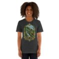 Dark Grey Heather Gilan unisex t-shirt, front view with Rudkhan Castle in the Hyrcanian forest design