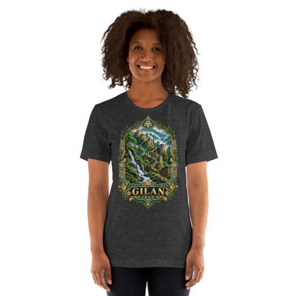 Dark Grey Heather Gilan unisex t-shirt, front view with Rudkhan Castle in the Hyrcanian forest design