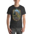 Dark Grey Heather Qazvin unisex t-shirt, front view with Alamut Castle on its rocky Alborz cliff design