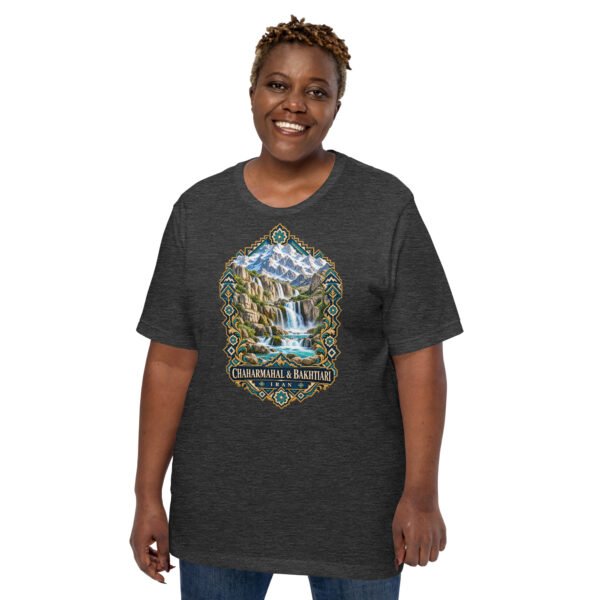 Dark Grey Heather Chaharmahal and Bakhtiari unisex t-shirt, front view with Zard-Kuh and the Koohrang waterfall design