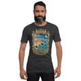 Dark Grey Heather Bushehr unisex t-shirt, front view with ancient port of Siraf and the Persian Gulf design